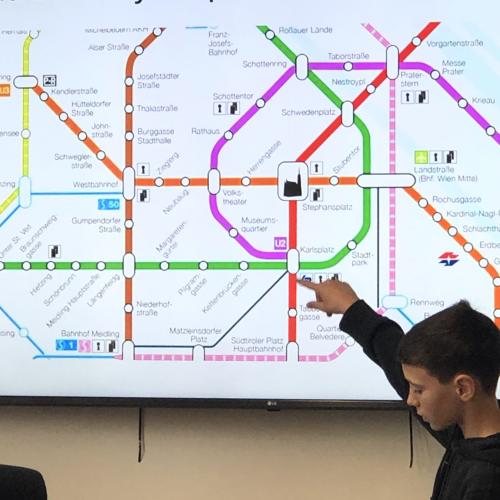 Schüler präsentiert die Stationen der U-Bahn an denen man aussteigen muss, um zu den Sehenswürdigkeiten zu gelangen.